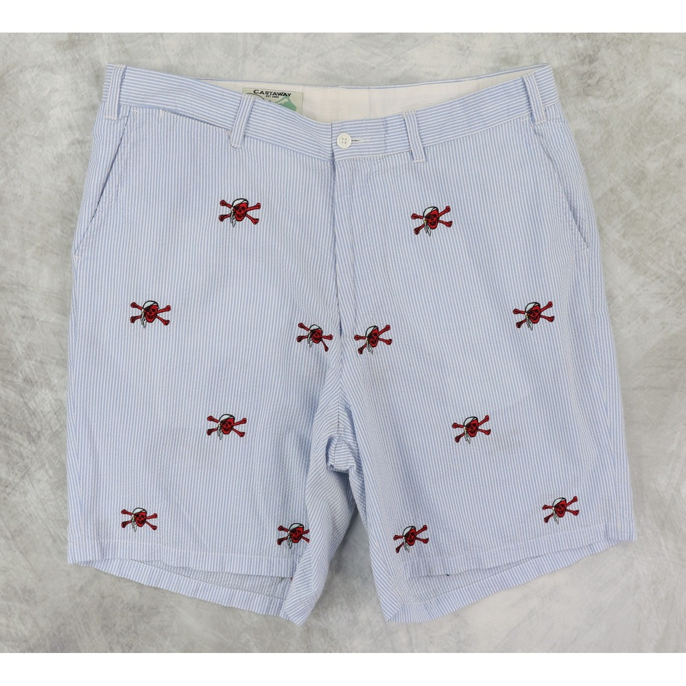 Castaway Clothing Seersucker Shorts Mens 36 Embroidered Pirate Skull Prep Beach‎